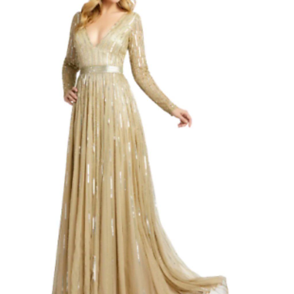 Mac Duggal Long Sleeve Sequin & Bead Stripe Taupe Gown Sz 6